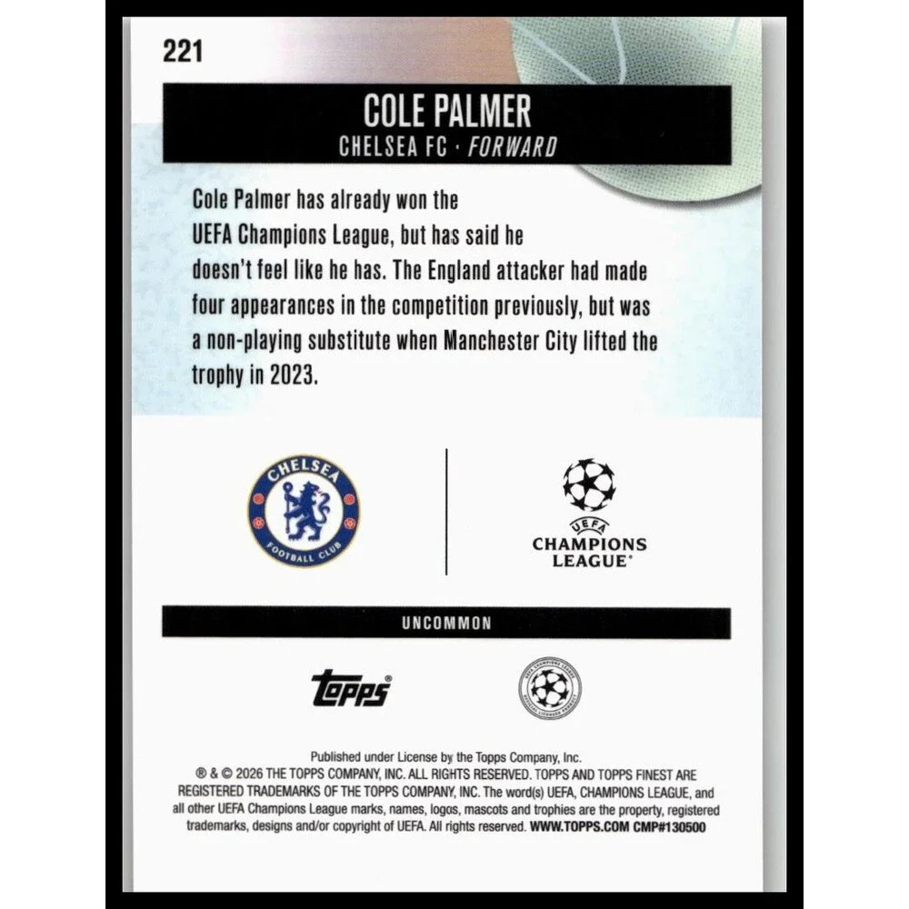 2025-26 Finest UEFA Cole Palmer #221 Chelsea FC Uncommon
